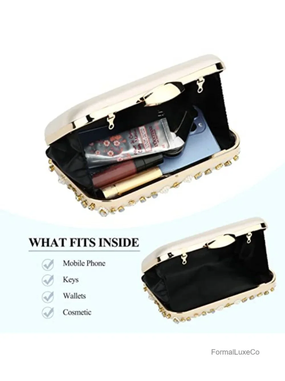 Rhinestone Beaded Evening Clutch Purse with Chain Strap